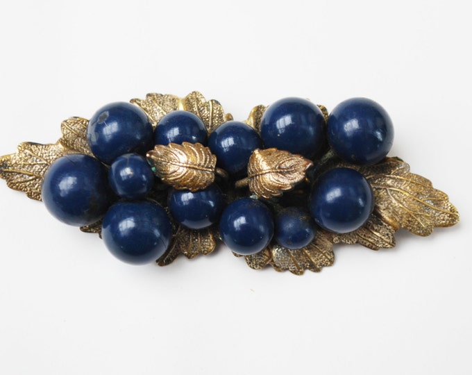 Leaf Berry Brooch - flower - Gold Brass leaves - Blue Berries Grapes Pin - Victorian Bar Brooch