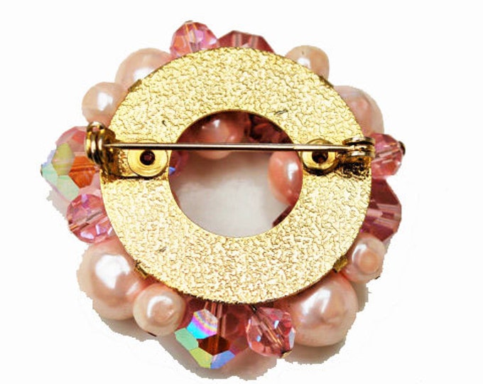 Pink Crystal pearl Brooch - cluster Bead -white pearl beads - pinkish aura borealis - round Wreath Pin