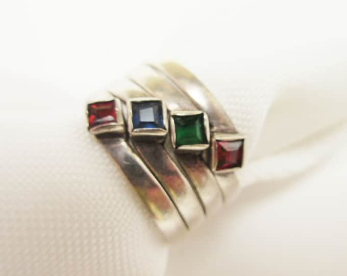 Sterling Stacking Rings - gemstone Red Ruby,garnet ,Ruby,Green Emerald and blue spinel - Boho ring size 9