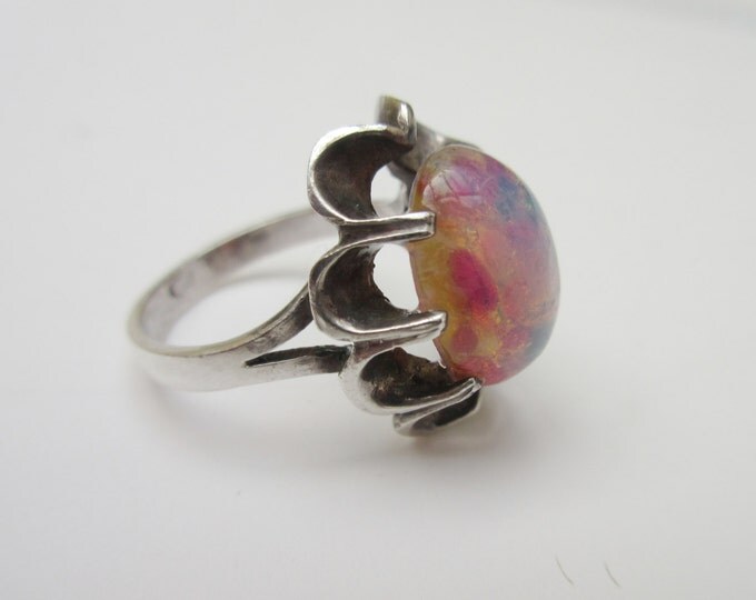 Sterling Pink opal Glass ring size 7 sterling silver flower pink art glass cabochon