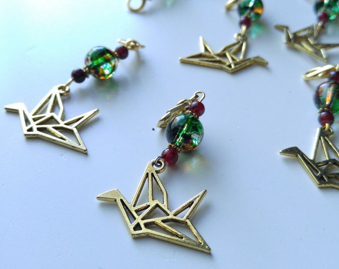 Paper Crane Keychain Charms, Gold origami charm, Hope and Healing, Wish, glass bead, garnet bead, gold lobster clasp, friendship gift #86