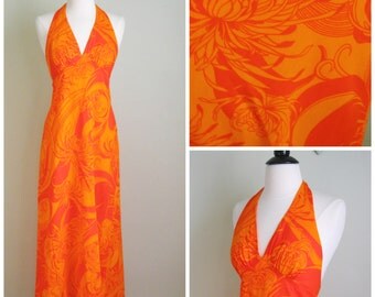 Vintage 1960's Orange Hawaiian Halter Dress