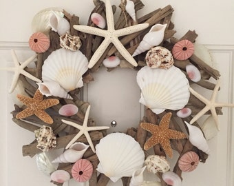 Beach Decor Pink and White Seashell and Starfish Driftwood Wreath - Shell Wreath - Coastal Home Decor -Nautical- Seashells -Christmas Wreath