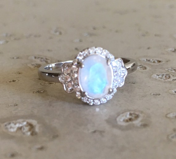 Moonstone Promise Ring Oval Art Deco Ring Rainbow Moonstone