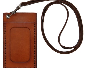 Genuine Leather ID Badge Holder Slim Wallet Leather Lanyard Cord Detachable School Business Work ID Personalized Case (A302)