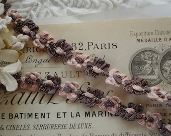 1y Vintage French Pink Mauve Metallic Rococo Rosette Flower Ribbon Hat Doll Trim Supply Scrapbook Crazy Quilt Flapper Embellishment France