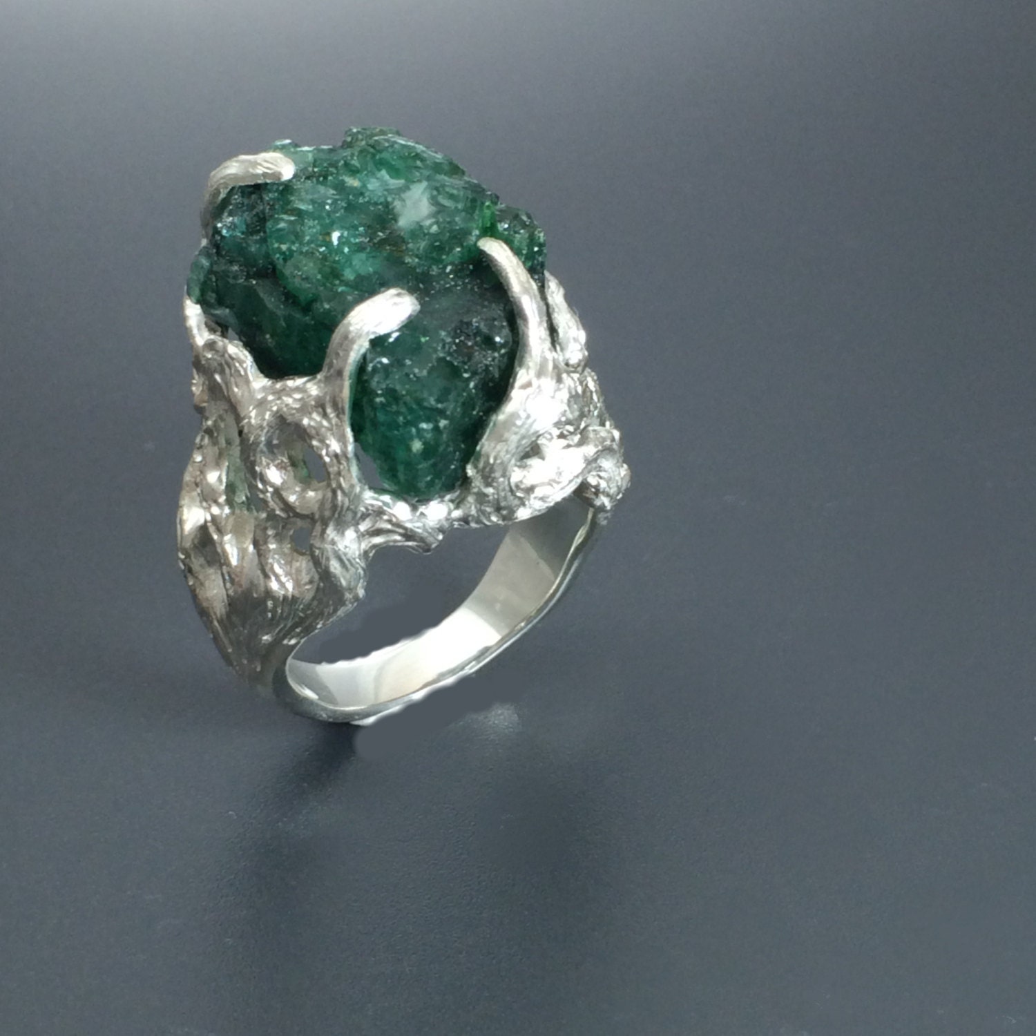 Rough stone ring Nature jewelry Emerald statement ring