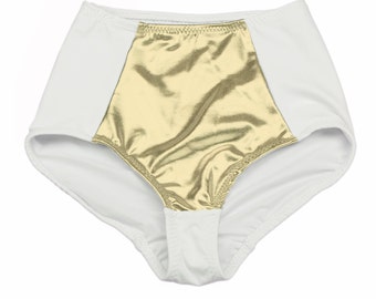 White and Gold Bathing Suit Bottom High Waist Swimsuits Metallic Swimwear