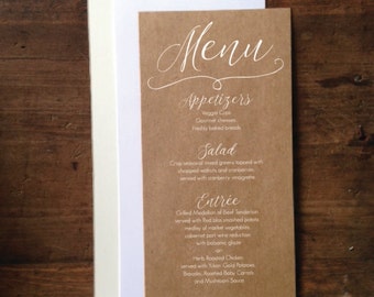 Wedding Menu Cards 4"x9" - Rustic Wedding Menu Card - Simple & Elegant Wedding Menu - White Ink Printed Wedding Menu