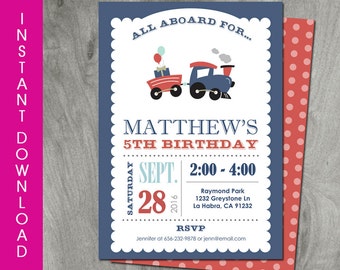 Train Birthday Invitation, Self Editable, Instant Download, Train Party, Double Sided, Printable, Baby Shower, Personalize, Digital Pdf File