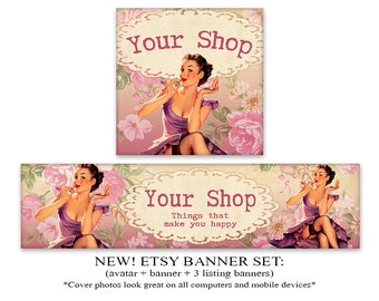 NEW Etsy cover Etsy banner set Vintage pinup banner avatar 1200x300 500x500 Retro banner