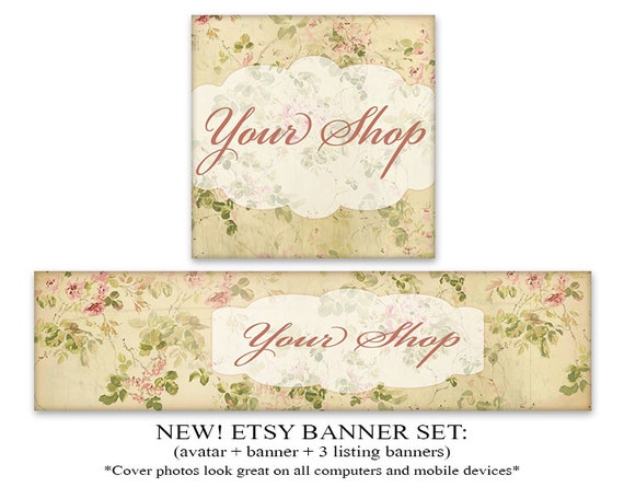 New Etsy Cover Shabby Vintage Etsy Banner Set 1200x300 Banner