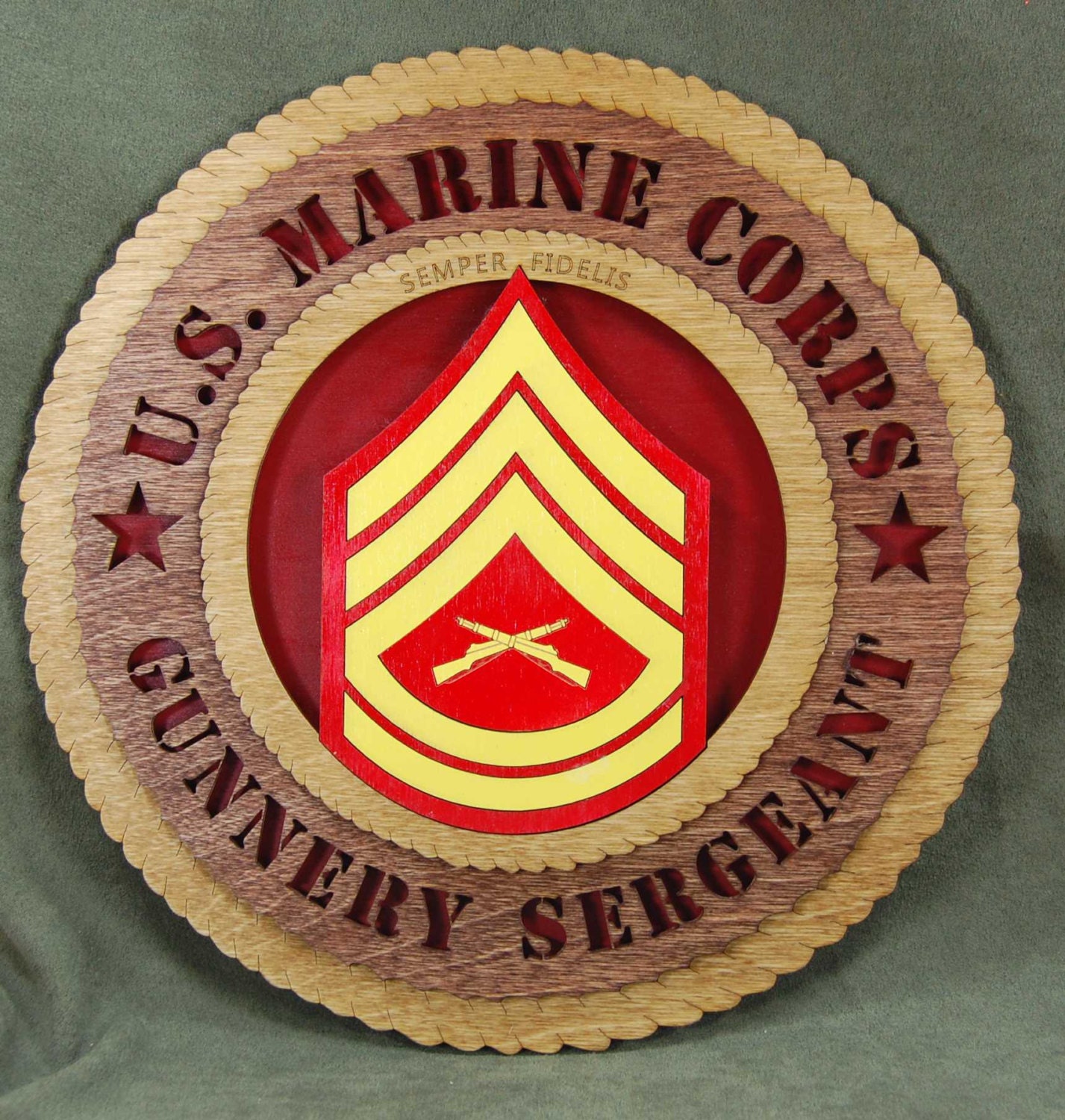 Laser cut US Marine Corps E7 Gunnery Sergeant wall plaque.