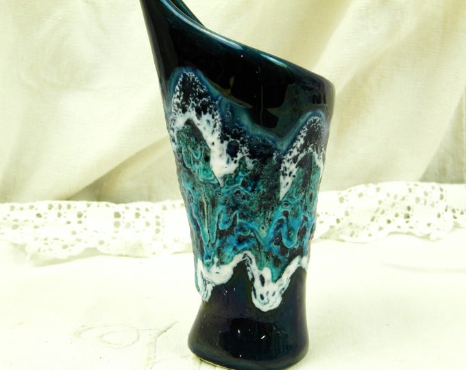 Vintage French Vallauris Dark Turquoise Blue and White Lava Vase Ecume de Mer / MidCentury / Retro Home Interior / European / Hipster /1960 Vintage French Vallauris Dark Turquoise Blue and White Lava Vase Ecume de Mer / MidCentury / Retro Home Interior / European / Hipster /1960