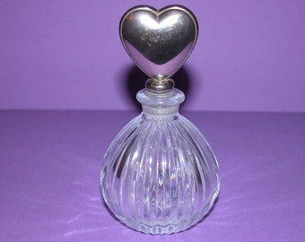 Vintage Perfume Bottle Moulded Glass with Heavy Silver Plated Heart Shaped Stopper.