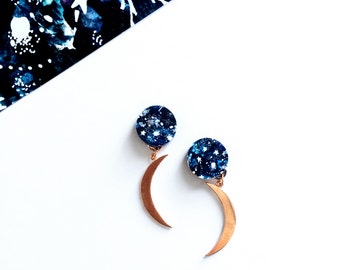 Moon Earrings - Zodiac Jewellery - Zodiac Earrings - Moon Jewellery - Galaxy Earrings - Moon Phases - Rose Gold Moon Drop Earrings