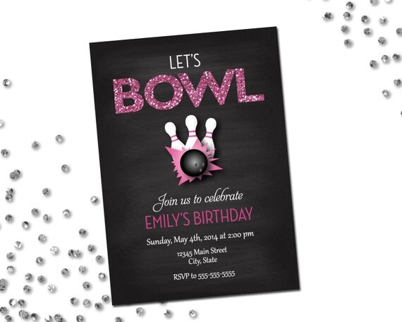 Bowling Party Invitation - Let's Bowl - Pink Glitter and Chalkboard - DIY - Printable Il_570xn
