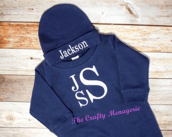Newborn Boy Coming Home Outfit, Boy Romper Coming Home Outfit, Baby Boy Layette, Personalized Boy Romper, Optional Hat or Socks