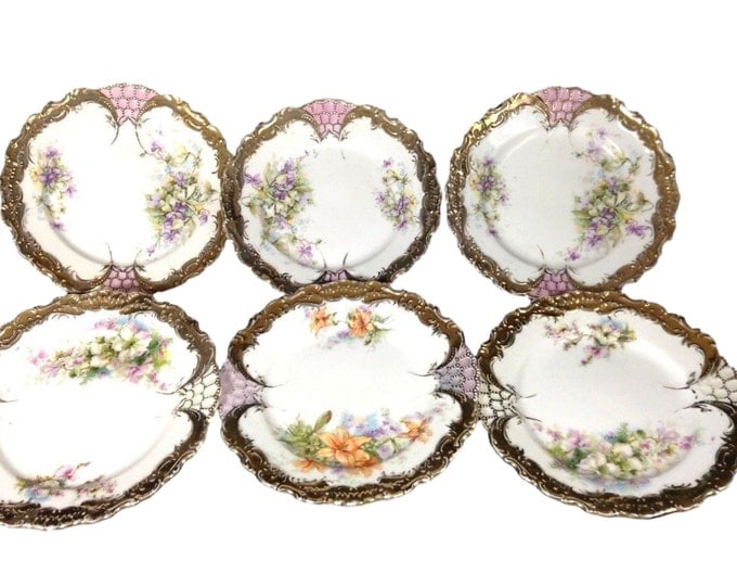 Set of 6 Antique German Porcelain Dessert Plates Art Deco Multi-color, Pre 1920, 6 Inch