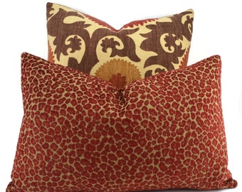 Throw Pillow Cover, Red & Gold Chenille Animal Print Pillow Cover, Red Cheetah Chenille, Accent Pillow, Lumbar Pillow, 12x20, 14x22