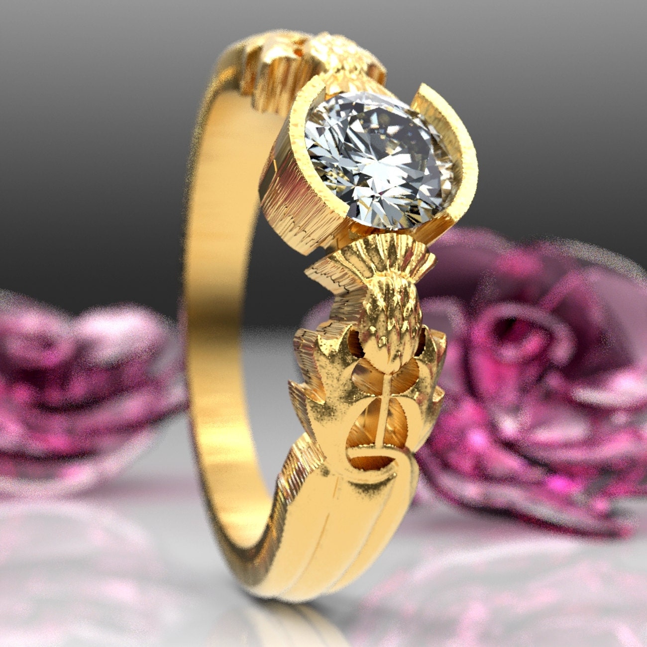 Thistle Engagement Ring, 10K 14K or 18K Gold & Moissanite, Scottish