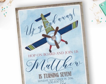 Airplane Birthday Invitation, Watercolor Airplane, Vintage Style plane, Boy Birthday Invitation- YOU PRINT