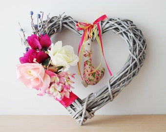 Duck and flowers wreath, wicker heart shaped wreath, multi color flowers wreath with duck plushie, wicker door wreath, summer wreath