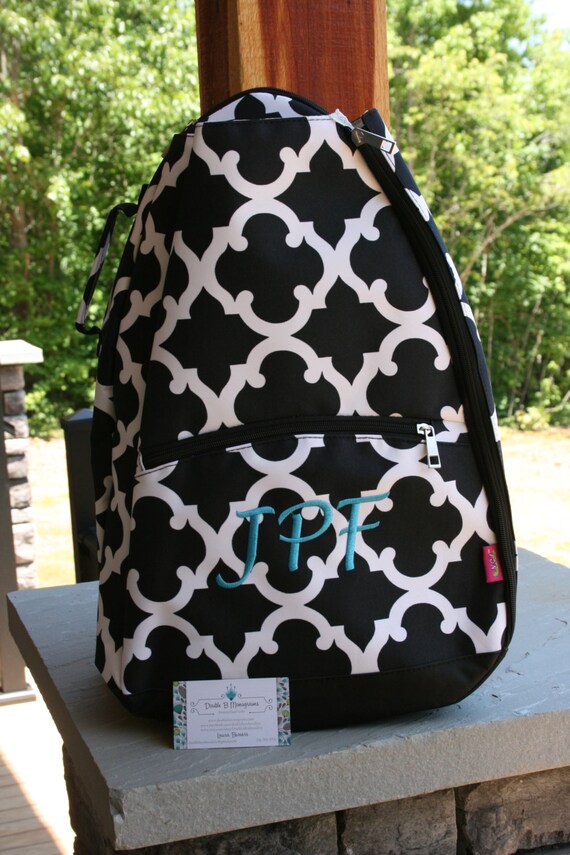 Ladies Monogrammed Tennis Bag Black Quatrefoil Tennis Racquet