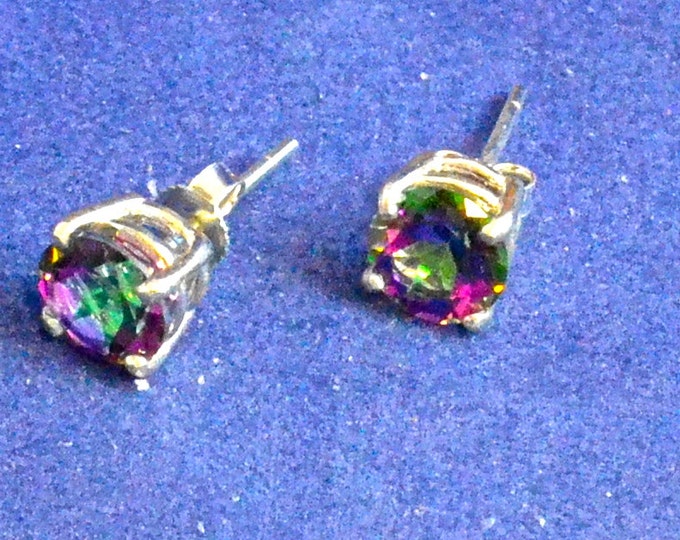 Rainbow Mystic Topaz Studs, 7mm Round, Natural, Set in Sterling Silver E980