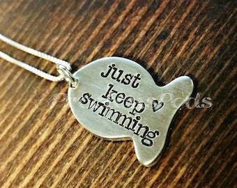 Just keep swimming necklace, Custom quote, Religious Jewelry, inspirational staying, fish necklace, christian fish gift, finding Nemo