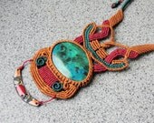 Pachamama Macrame Necklace with Enamel Medal and Chrysocolla Gemstone,Heart Chakra, Throat Chakra, Saggitarius, Earth Mother, Mother Earth