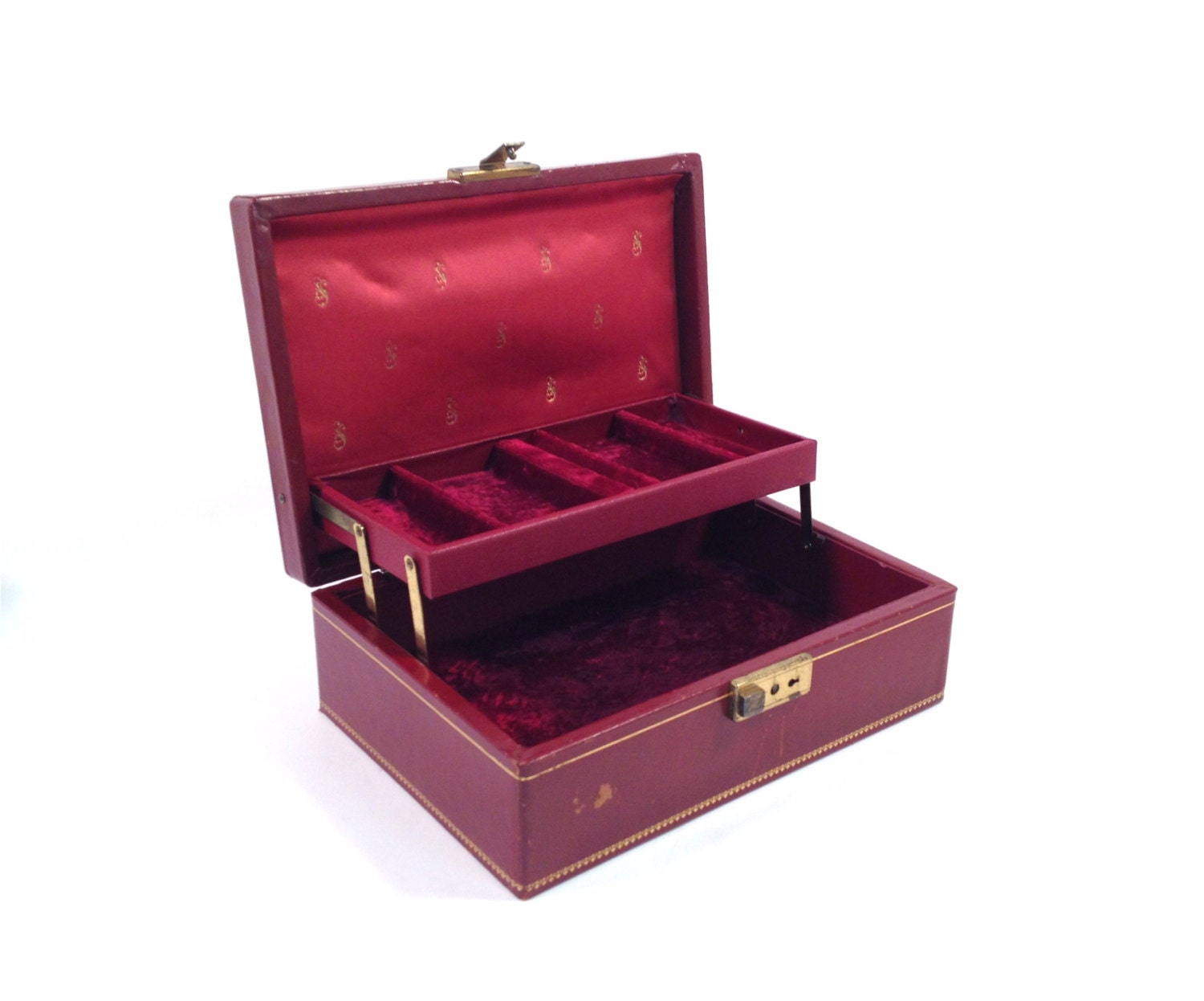 Vintage Burgundy Leather Jewelry Box / Burgundy Red Velvet Satin Lining