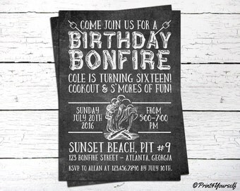Bonfire Invite // Personalized Printable Chalkboard Bonfire Birthday Invitation // Camping Invite // Bonfire Cookout Invite