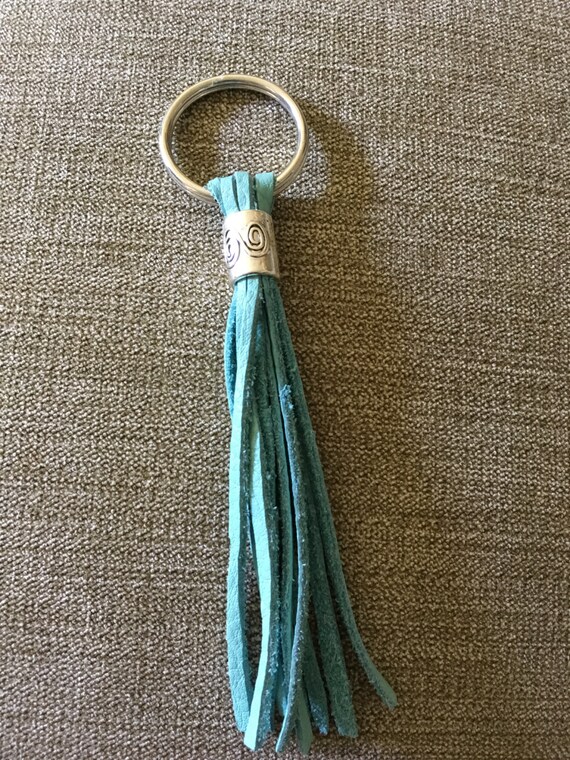 Leather fringe key chain in turquoise