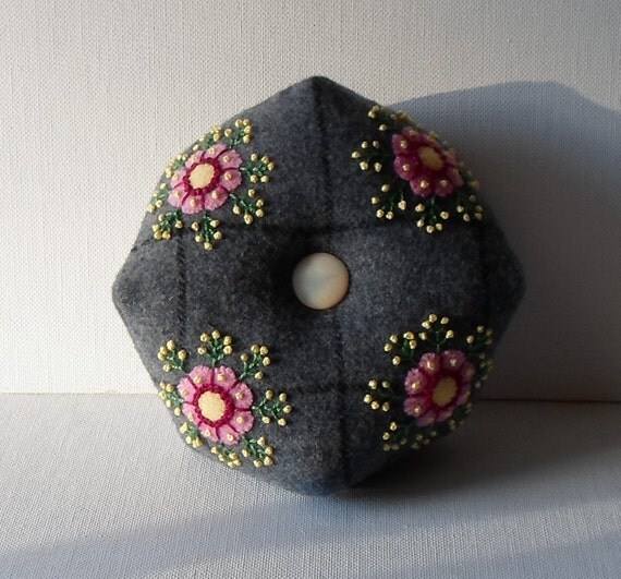 Handmade Biscornu Pin Cushion Felted Wool Pink Flowers