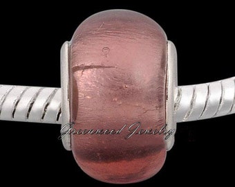 Beautiful European Style Bead Charm for European Bracelet, Handpainted Murano Glass, Silver Cores, Violet-Foil