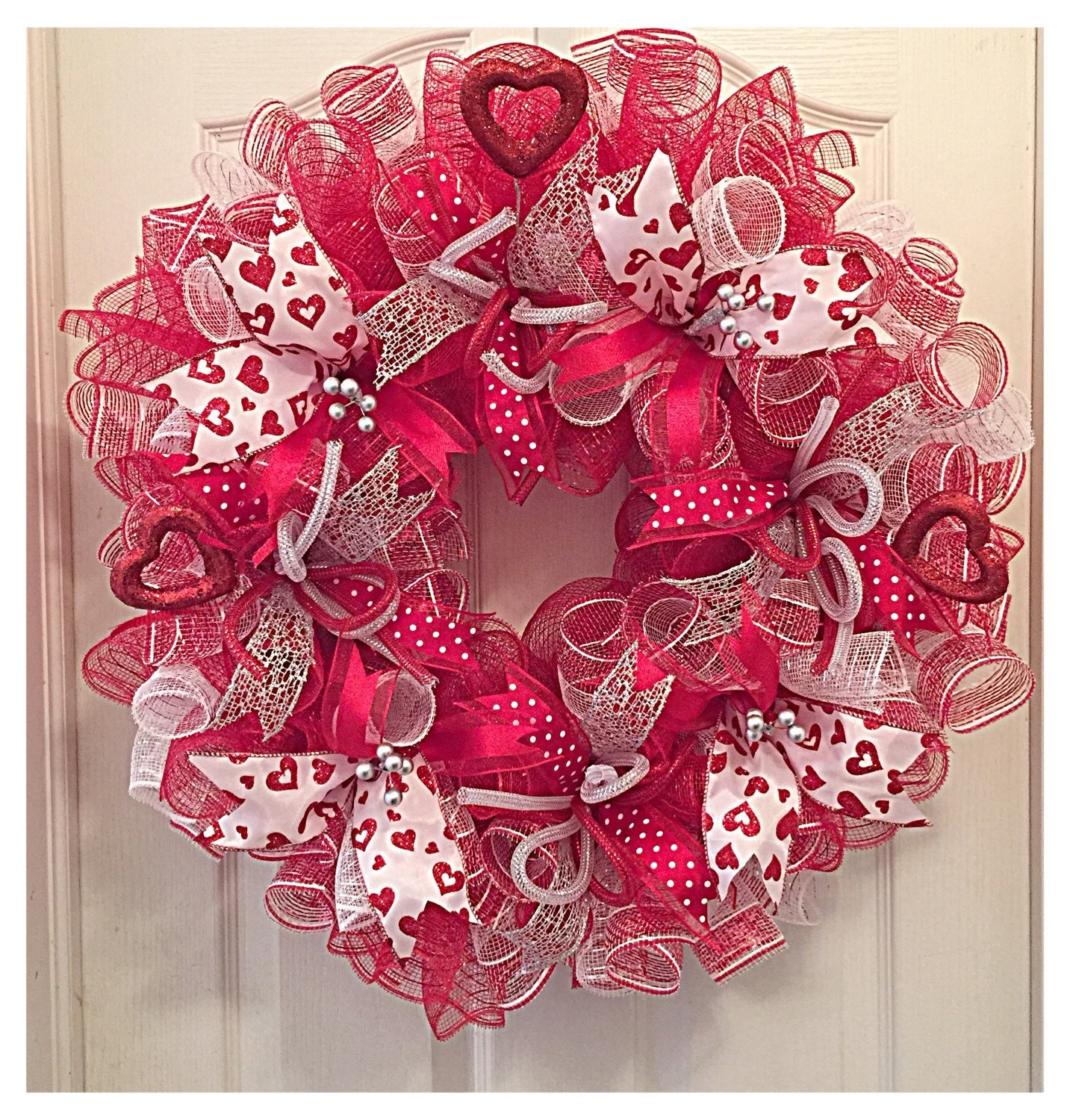 Valentine Red and White Deco Mesh Wreath/ Red and White