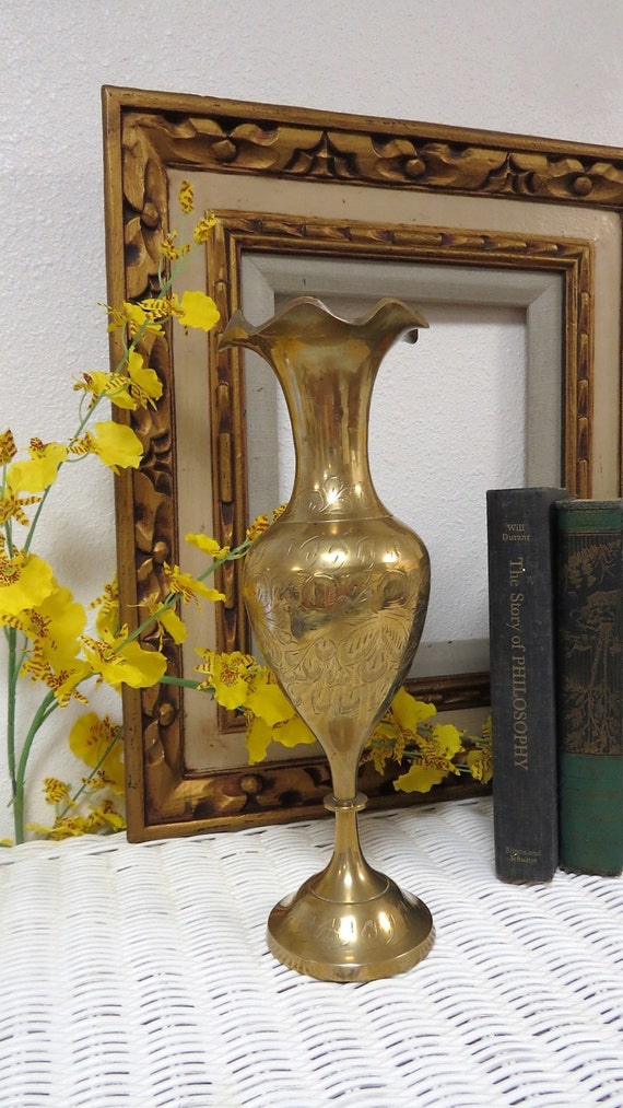 Items similar to Tall Brass Vase Etched India Fluted Brass Flower