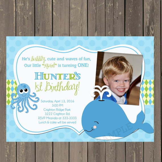 Whale Birthday Party Invitations, Whale and Octopus 1st Birthday Party Invitation, Blue and Green, Printable or Printed Il_570xn