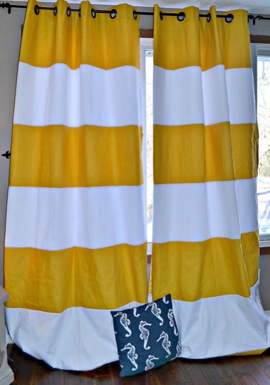 1 Pair Yellow and White Striped Curtains Window Treatments