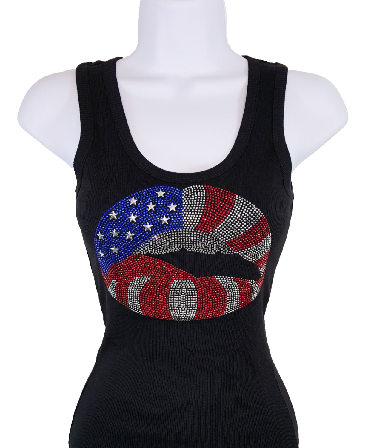 Rhinestone American Flag Lips Tank Top Black shirt