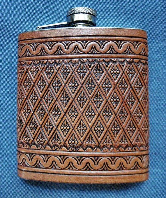 8 oz Hand Tooled Leather Whisky Flask Made in USA