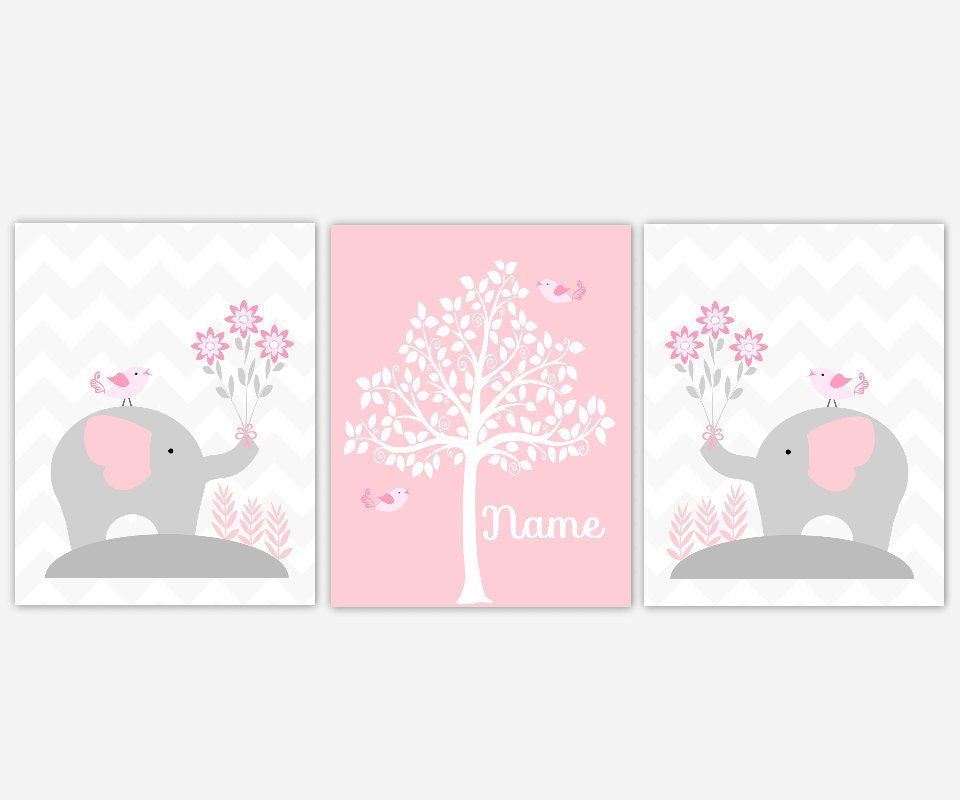 Baby Nursery Wall Decor Pink Gray Grey Elephants Personalized
