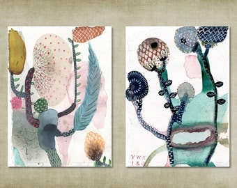 Botanical watercolor paintings. Set of 2 botanic art print cards. Abstract illustration. Floral wall art. Botanical artwork Plant art prints