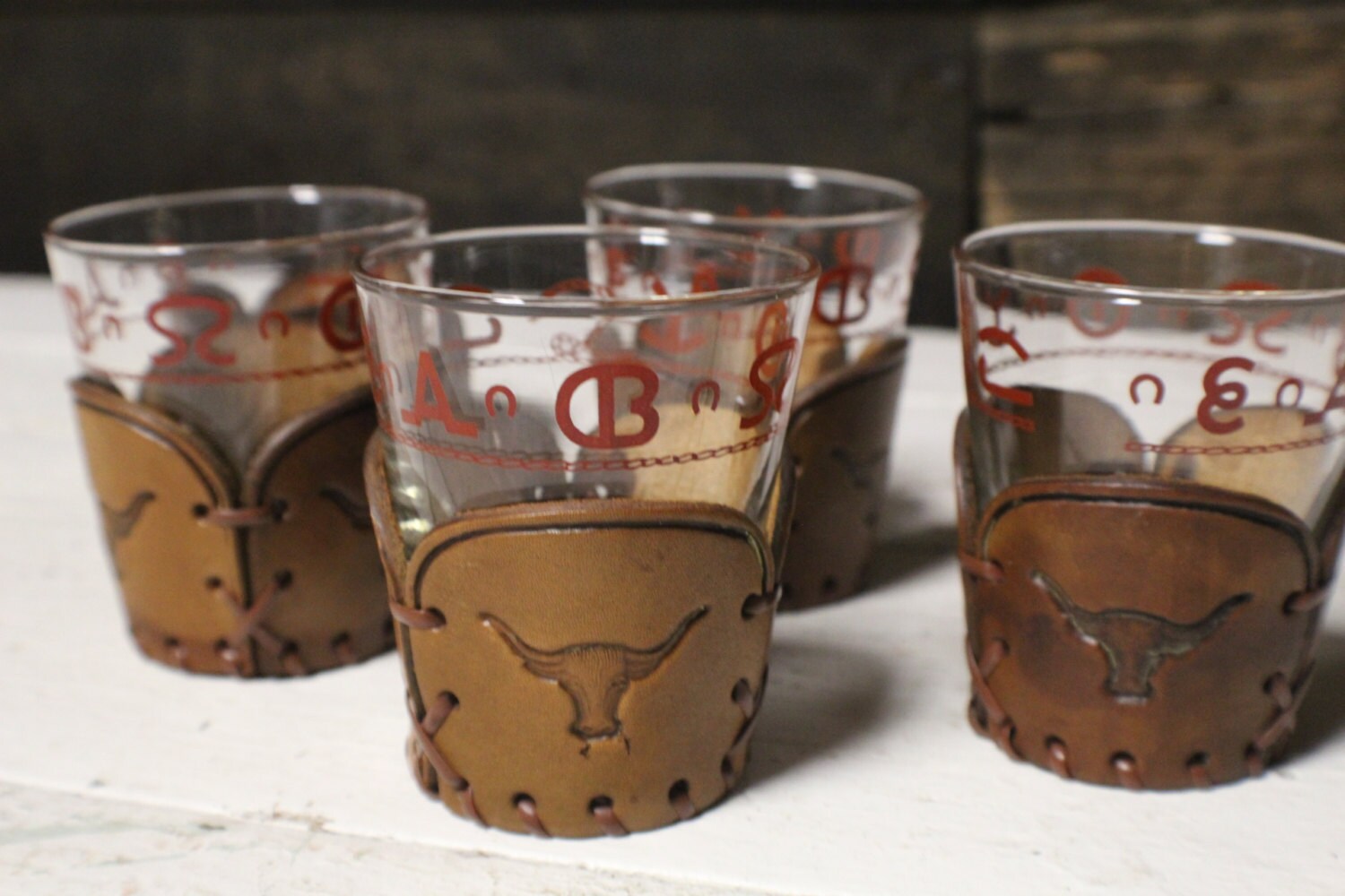 Vintage Libby Western Glasses with Leather Holder Westward Ho