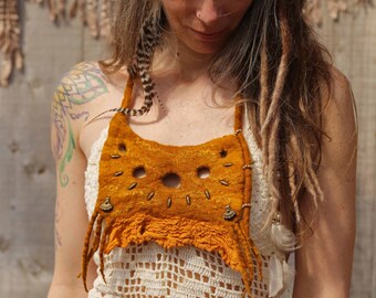 Felt Tribal Necklace in Ochre Merino Wool , Silk Fibers , Cotton and Brass Beads