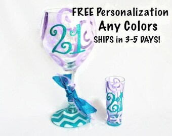 Free Personalization - Any Age, Any Colors - 21 Wine Glass Shot Glass Chevron Personalized 21st Birthday Wine Glass 25th 29th 30th 40th 50th