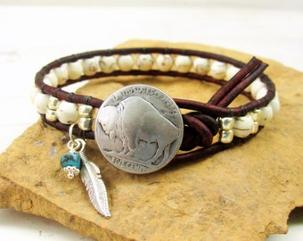 White Turquoise Buffalo Nickel Single Wrap Bracelet with Eagle Feather ~ Western Jewelry ~ Western Boho Bracelet ~ Cowgirl Jewelry - Unisex