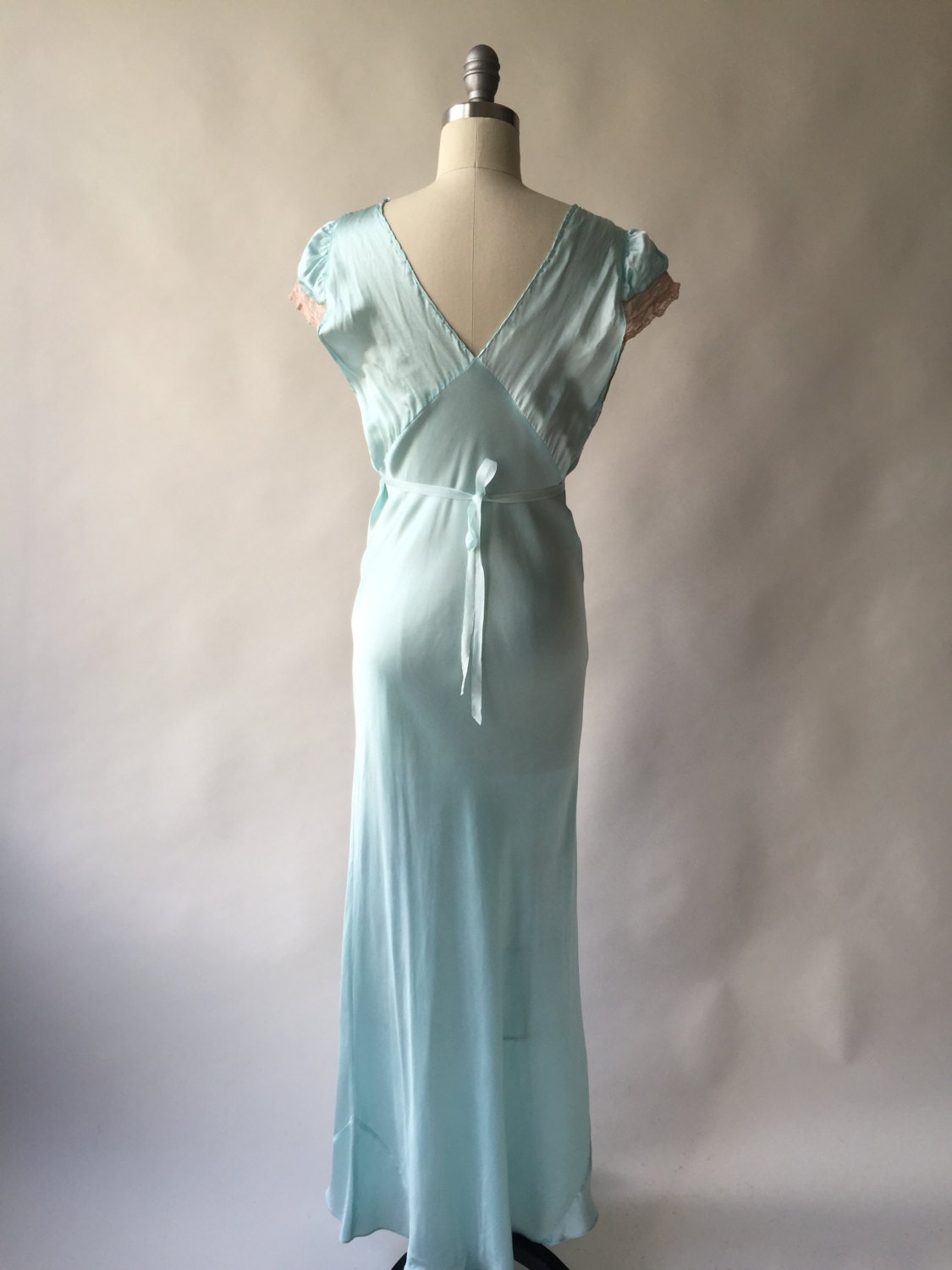 30s 40s aqua silk nightgown with taupe lace / S / M