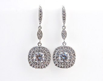 Cara - Cubic Zirconia Wedding Earrings, CZ Bridal Jewelries, Crystal Dangle Earrings, CZ Hook Earrings, Rhinestone Earrings, Cushion Style